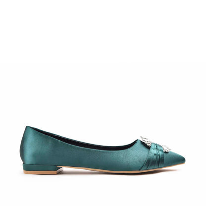 Chic Teal Satin Flats with Crystal Embellishment Slippers | 468M-K