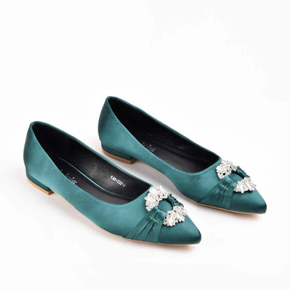 Chic Teal Satin Flats with Crystal Embellishment Slippers | 468M-K