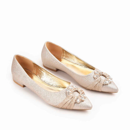 Glamorous Gold Glitter Flats with Crystal Embellishment Slippers | 468M-X