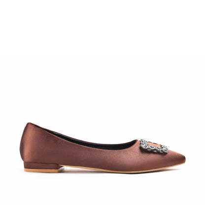 Chic Brown Satin Flats with Crystal Embellishment Slippers | 469M-B