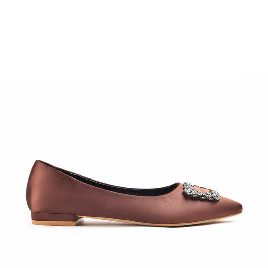 Chic Brown Satin Flats with Crystal Embellishment Slippers | 469M-B
