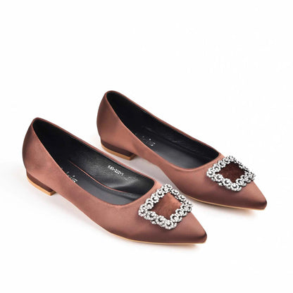 Chic Brown Satin Flats with Crystal Embellishment Slippers | 469M-B