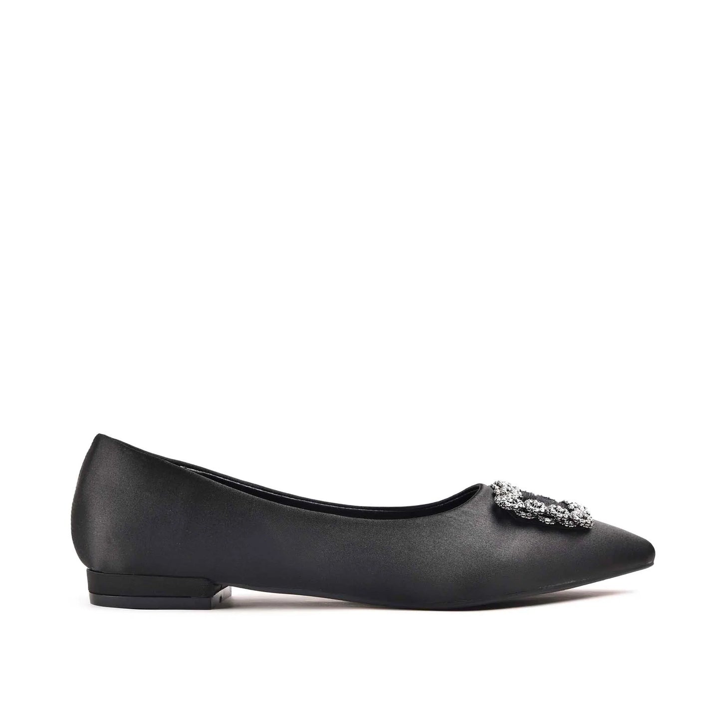 Elegant Black Satin Flats with Crystal Embellishment Slippers| 469M-C