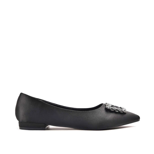 Elegant Black Satin Flats with Crystal Embellishment Slippers| 469M-C