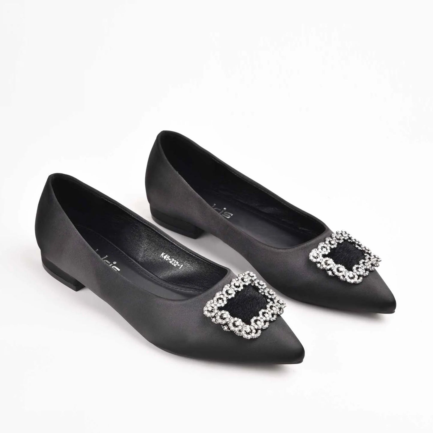 Elegant Black Satin Flats with Crystal Embellishment Slippers| 469M-C