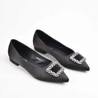 Elegant Black Satin Flats with Crystal Embellishment Slippers| 469M-C