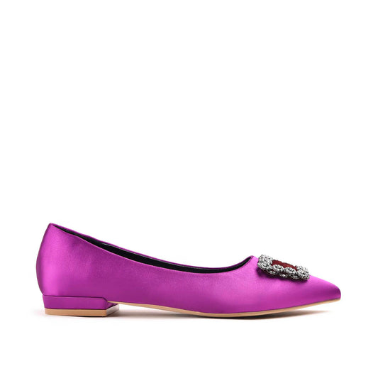 Vibrant Purple Satin Flats with Crystal Embellishment Slippers| 469M-J