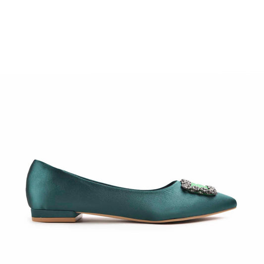 Elegant Teal Satin Flats with Crystal Embellishment Slippers | 469M-K