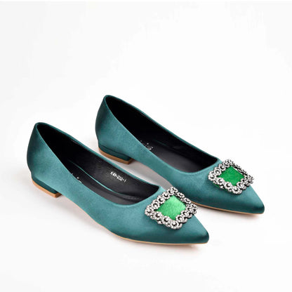 Elegant Teal Satin Flats with Crystal Embellishment Slippers | 469M-K