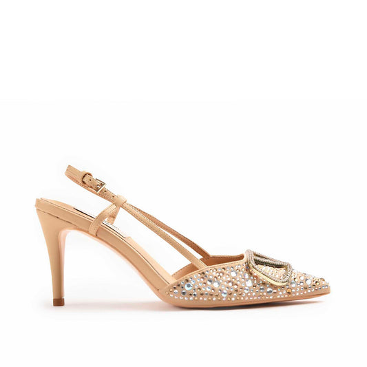 Beige Slingback Heels with Studded Design | 479M-F