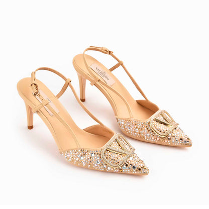 Beige Slingback Heels with Studded Design | 479M-F