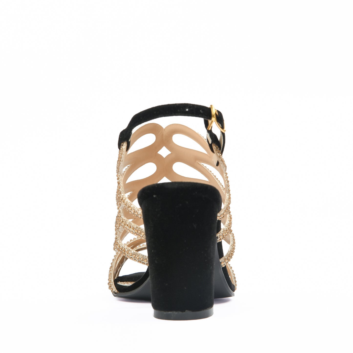 Elegant Black Block Heel Sandals with Gold Strappy Design | 264C-C