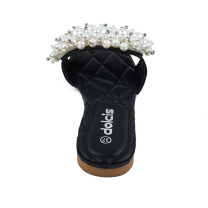 Elegant Black Pearl Embellished Flats Slippers | 591J-C