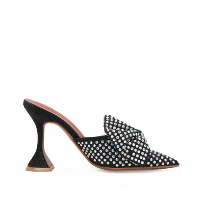 Black Mule Heels with Rhinestone Bow | 479K-C