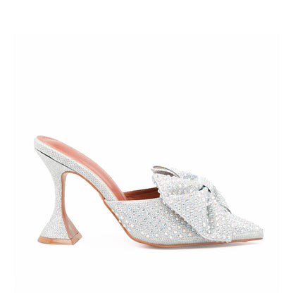 Silver Mule Heels with Rhinestone Bow | 479K-S