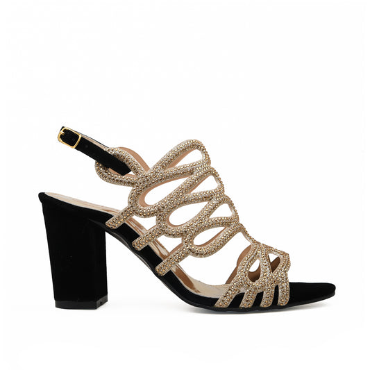 Elegant Black Block Heel Sandals with Gold Strappy Design | 264C-C