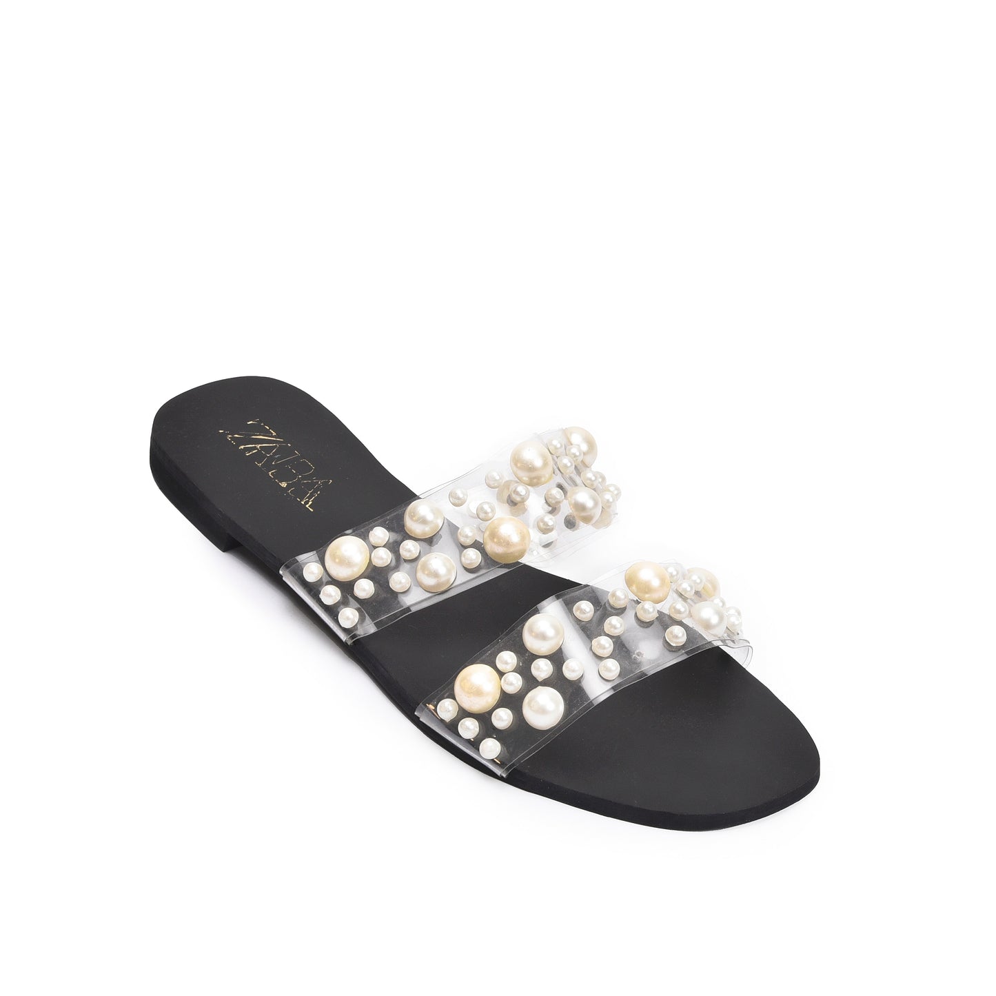 Chic Black Flats with Pearl Embellishments Slippers | 519K-C