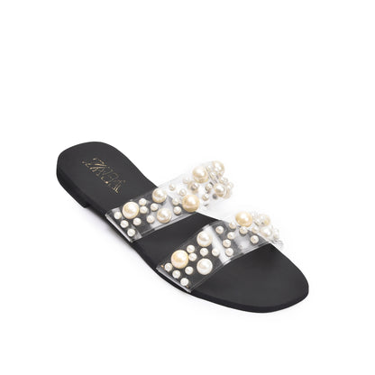 Chic Black Flats with Pearl Embellishments Slippers | 519K-C