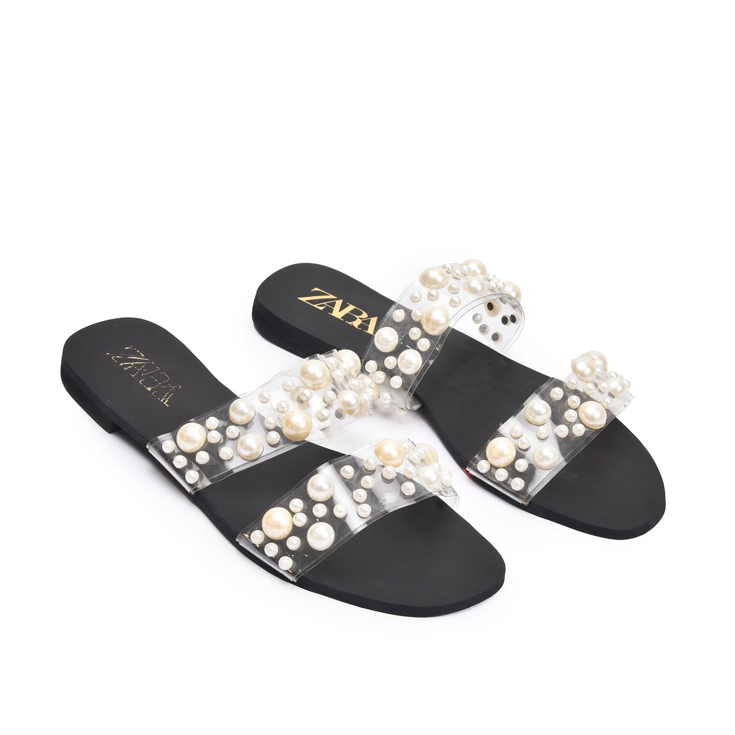 Chic Black Flats with Pearl Embellishments Slippers | 519K-C