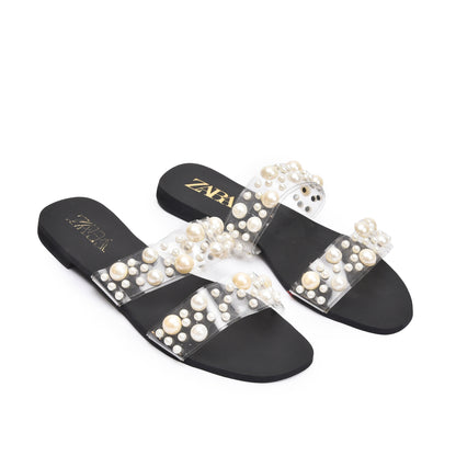Chic Black Flats with Pearl Embellishments Slippers | 519K-C