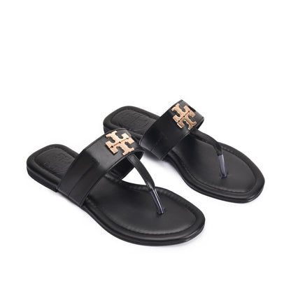 Chic Black Leather Flats Slippers | 743R-C