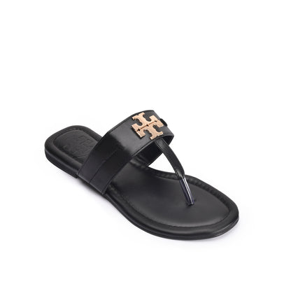 Chic Black Leather Flats Slippers | 743R-C