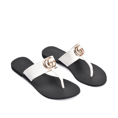 Elegant White Leather Flats Slippers | 716R-W