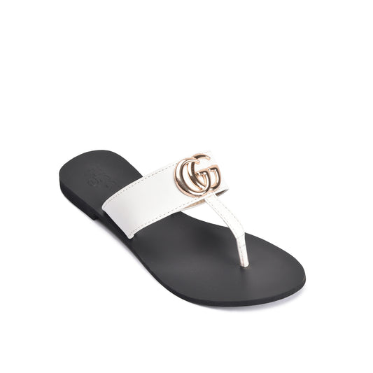 Elegant White Leather Flats Slippers | 716R-W