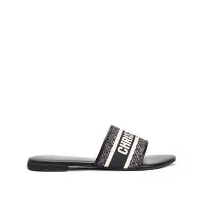 Trendy Black Slip-On Slippers with Logo Strap Slippers| 597J-C