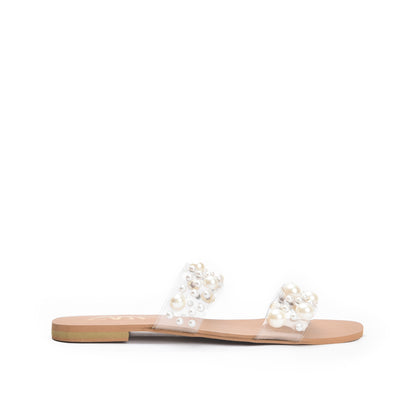 Elegant White Flats with Pearl Embellishments Slippers | 519K-W