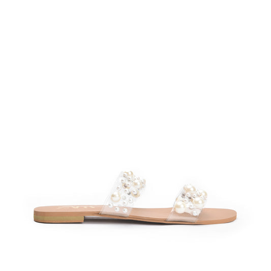 Elegant White Flats with Pearl Embellishments Slippers | 519K-W
