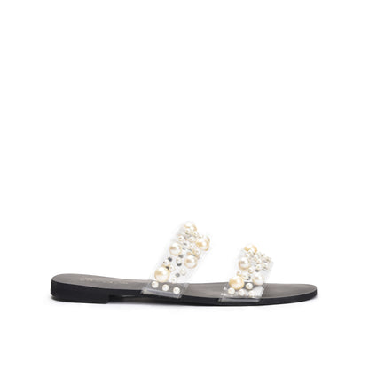 Chic Black Flats with Pearl Embellishments Slippers | 519K-C